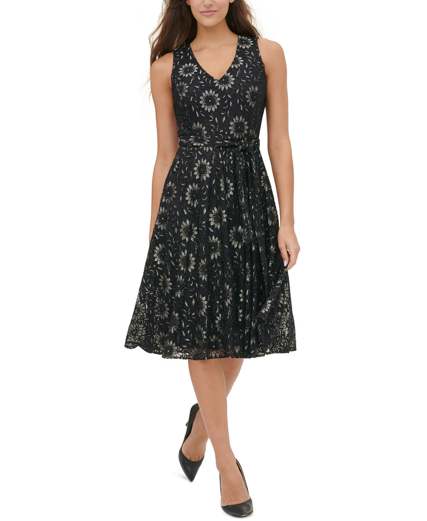 Tommy Hilfiger Women Floral Lace Fit & Flare Dress Black Gold