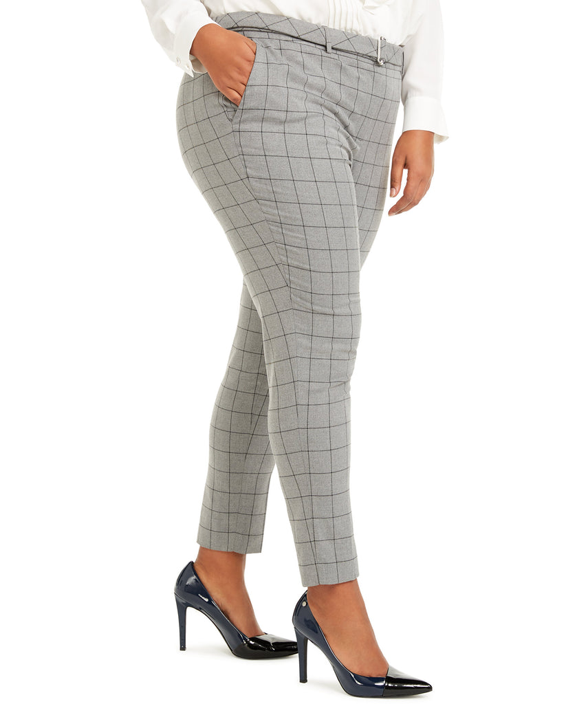 Calvin Klein Women Plus Belted Windowpane Print Slim Leg Pants