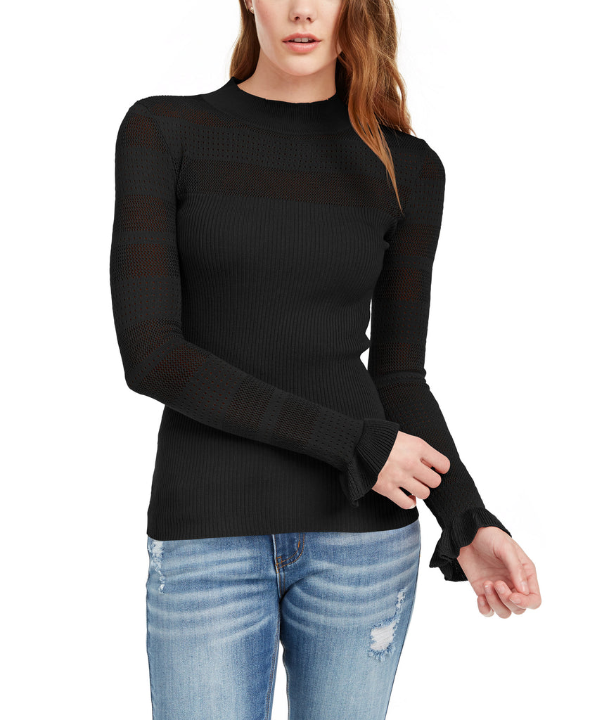 Crave Fame Women Pointelle Mock Neck Sweater Black