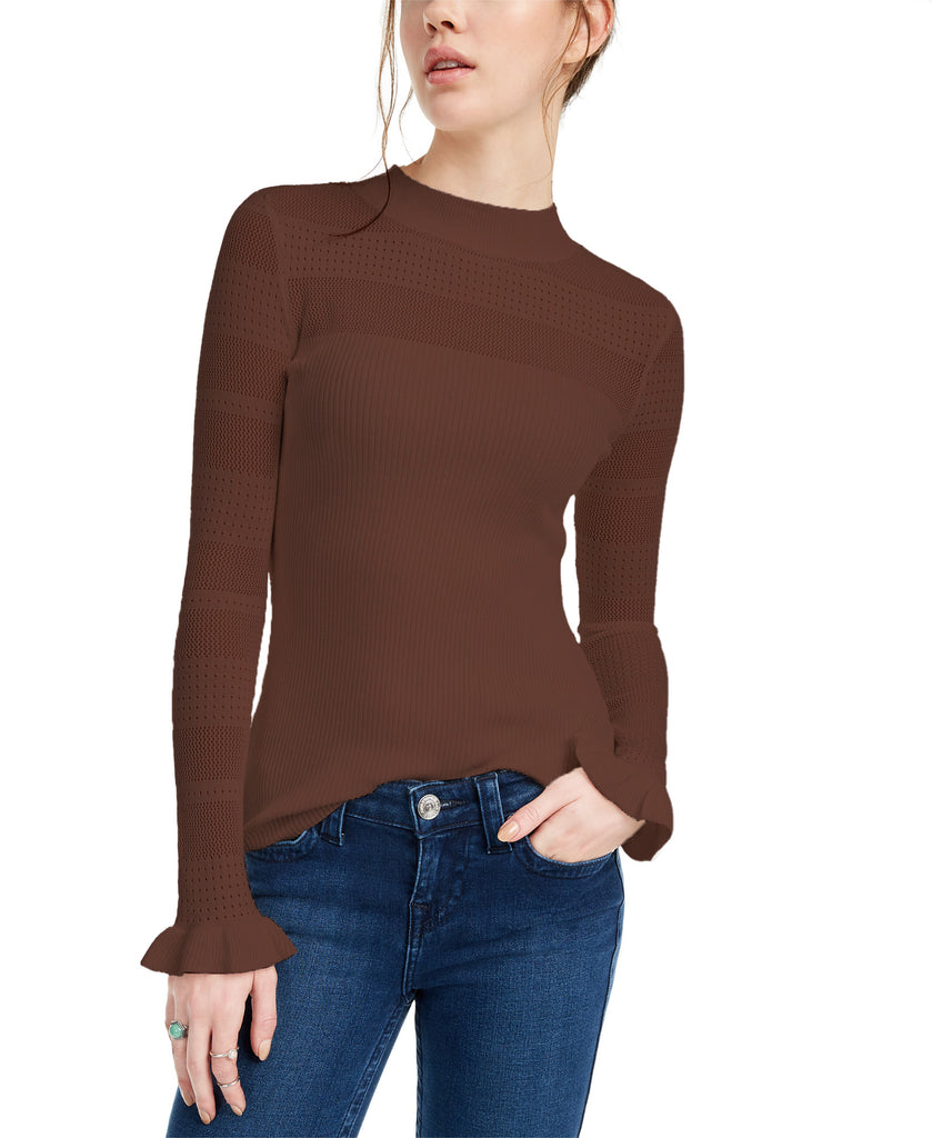 Crave Fame Women Pointelle Mock Neck Sweater Brown Sugar