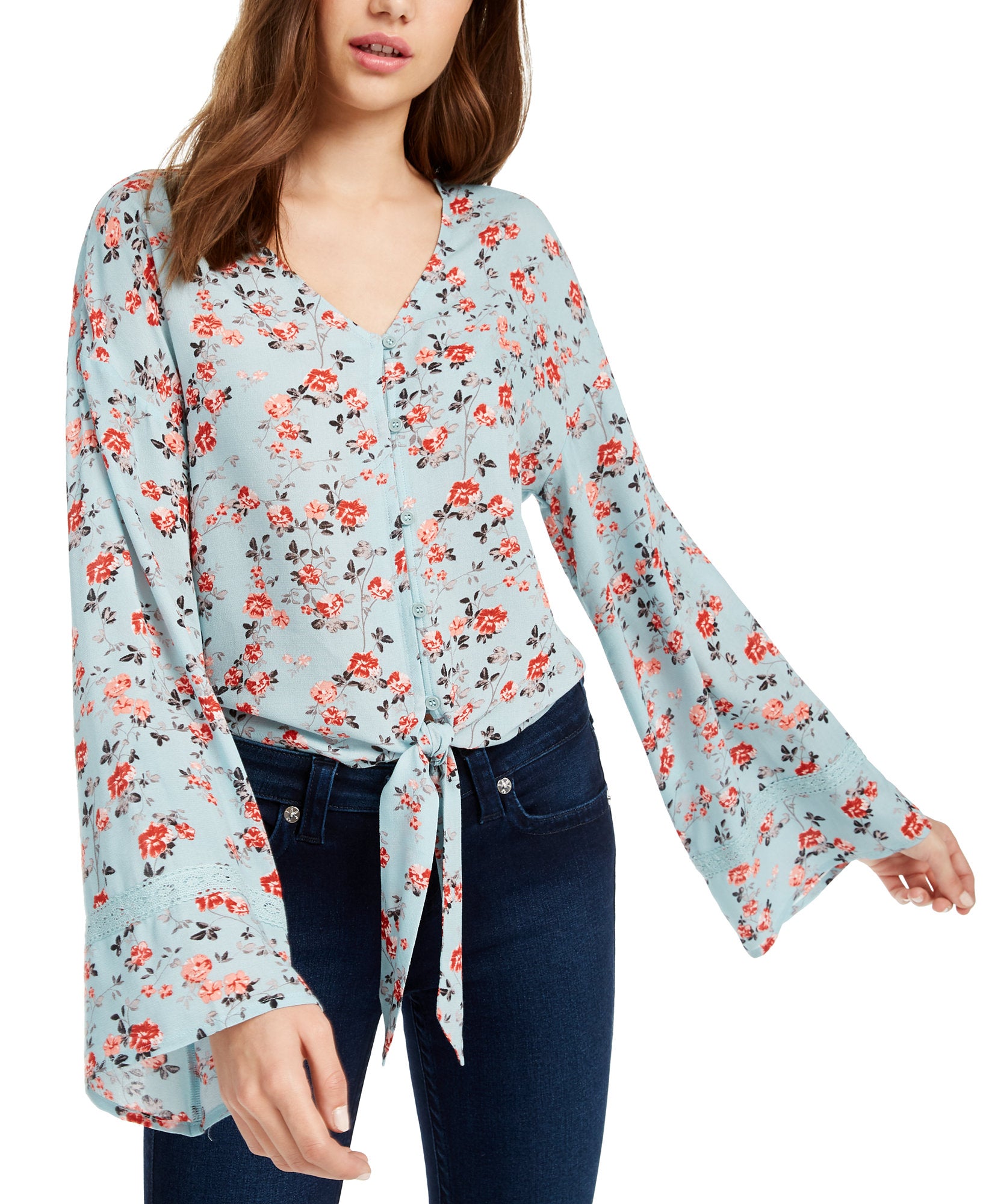 Freshman Women Floral Print Tie Waist Blouse