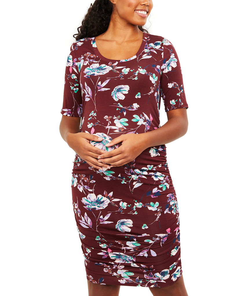 Motherhood Maternity Women Ruched Elbow Sleeve Dress Burgundy Floral