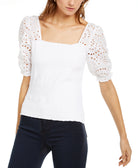INC International Concepts Women Smocked Eyelet Sleeves Bright White