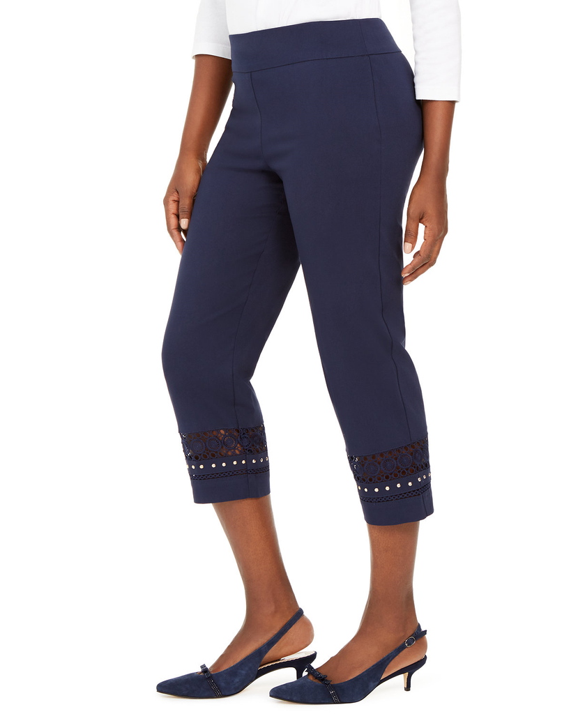 JM Collection Women Crochet Trim Studded Capris