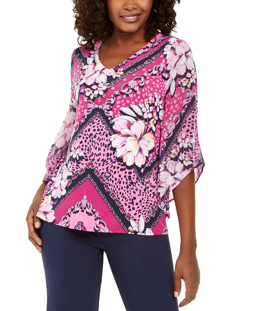 JM Collection Women Chiffon Sleeve Printed Tunic Top Ella Bouquet