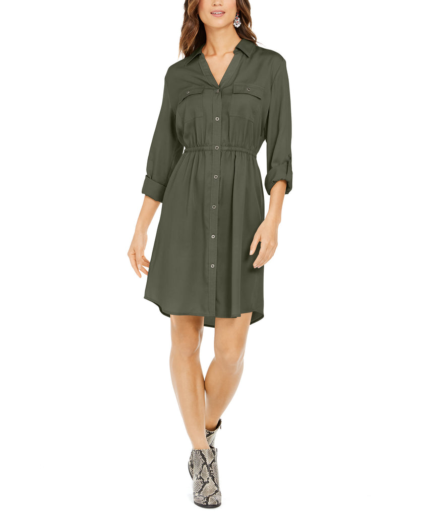 Style & Co Women Solid Utility Shirtdress Olive Sprig