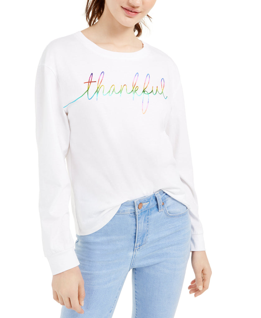 Rebellious One Women Thankful Long Sleeve Cotton T Shirt White