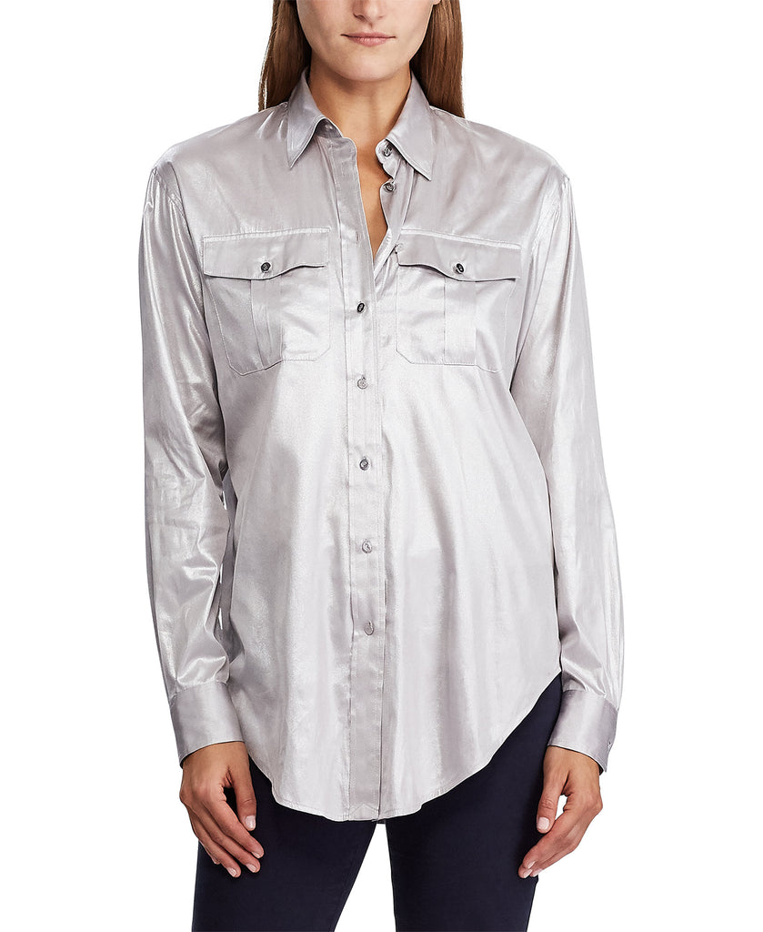 Lauren Ralph Lauren Women Charmeuse Button Down Shirt Silver