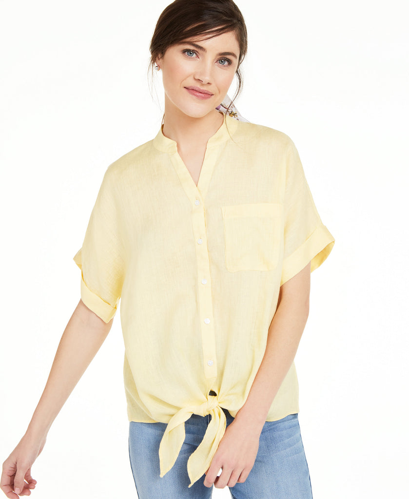 Charter Club Women Linen Tie Front Shirt Citron Aura