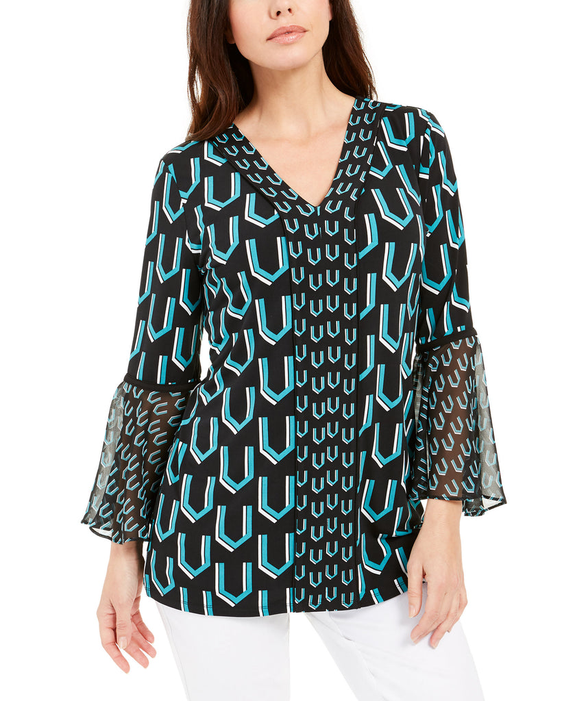 JM Collection Women Printed Bell Sleeve Tunic Deep Dive Gianna Geo