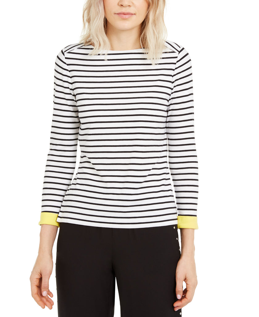 Anne-Klein-Women-Striped-Boat-Neck-Top-White-Black