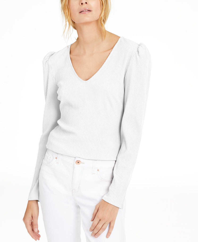 INC International Concepts Women Ribbed Puff Sleeve Top Bright White