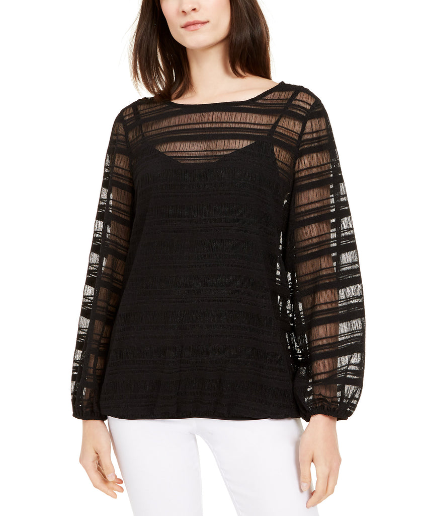 Alfani Women Petite Sheer Stripe Balloon Sleeve Top Deep Black