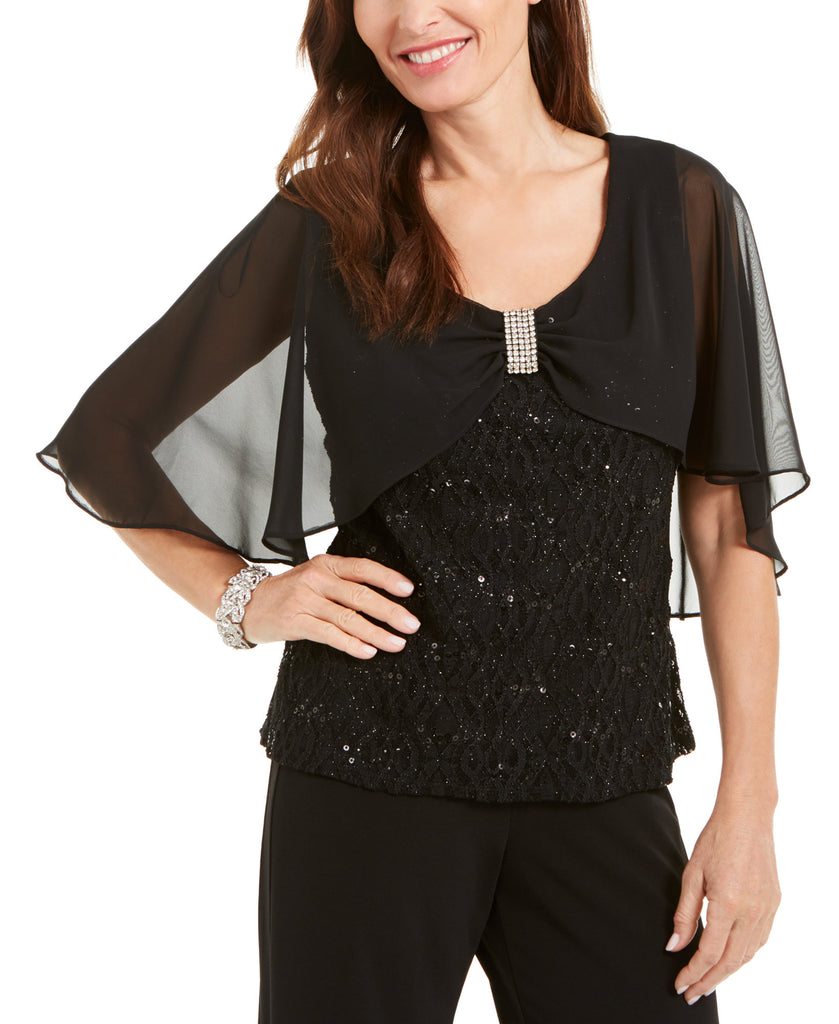 R & M Richards Women Sequin & Lace Bow Detail Top Black