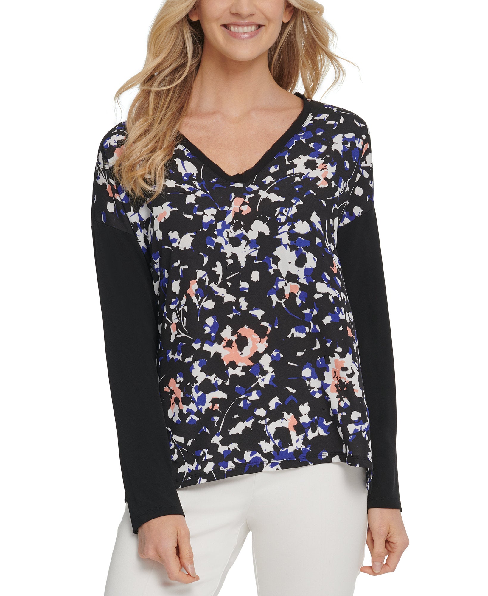 DKNY Women Mixed Media V Neck Top Black Multi