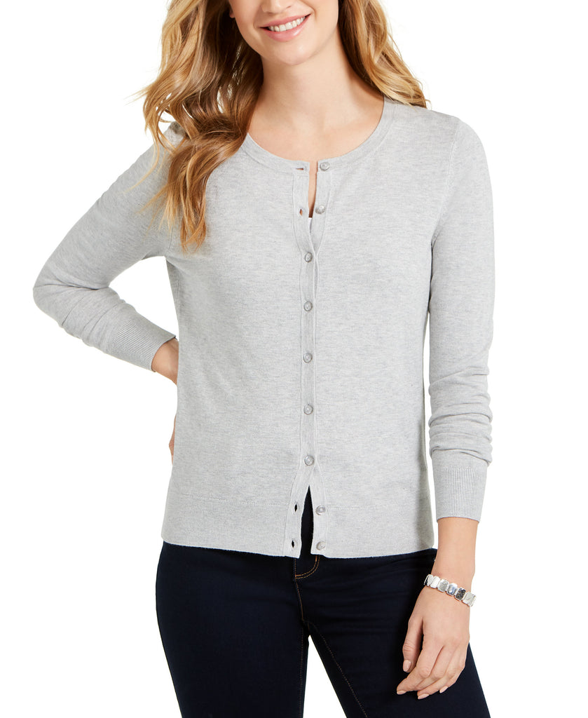 Charter Club Women Long Sleeve Button Front Cardigan Silver Tin Heather