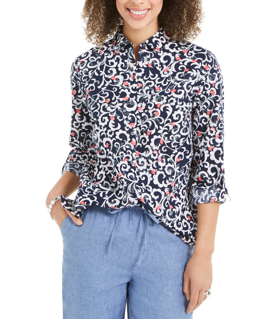 Charter Club Women Floral Print Tab Sleeve Linen Blend Shirt Intrepid Blue Combo