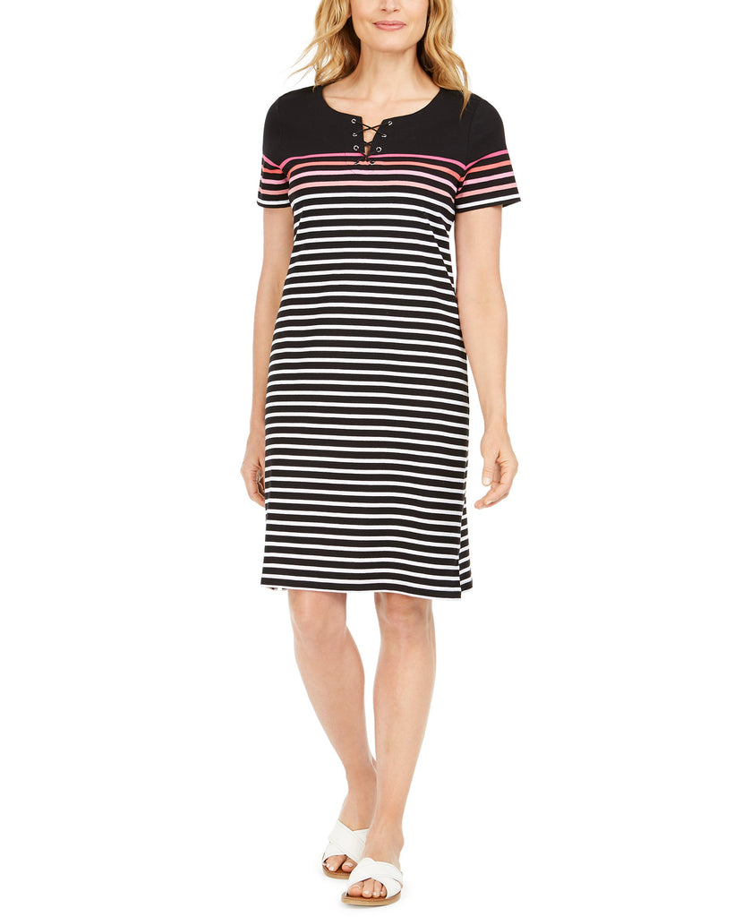 Karen Scott Women Mirage Cotton Striped Lace Up Dress Deep Black