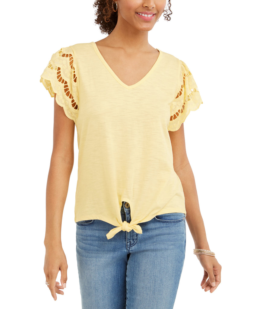 Style & Co Women Eyelet Sleeve Tie Front Top Lemon Meringue