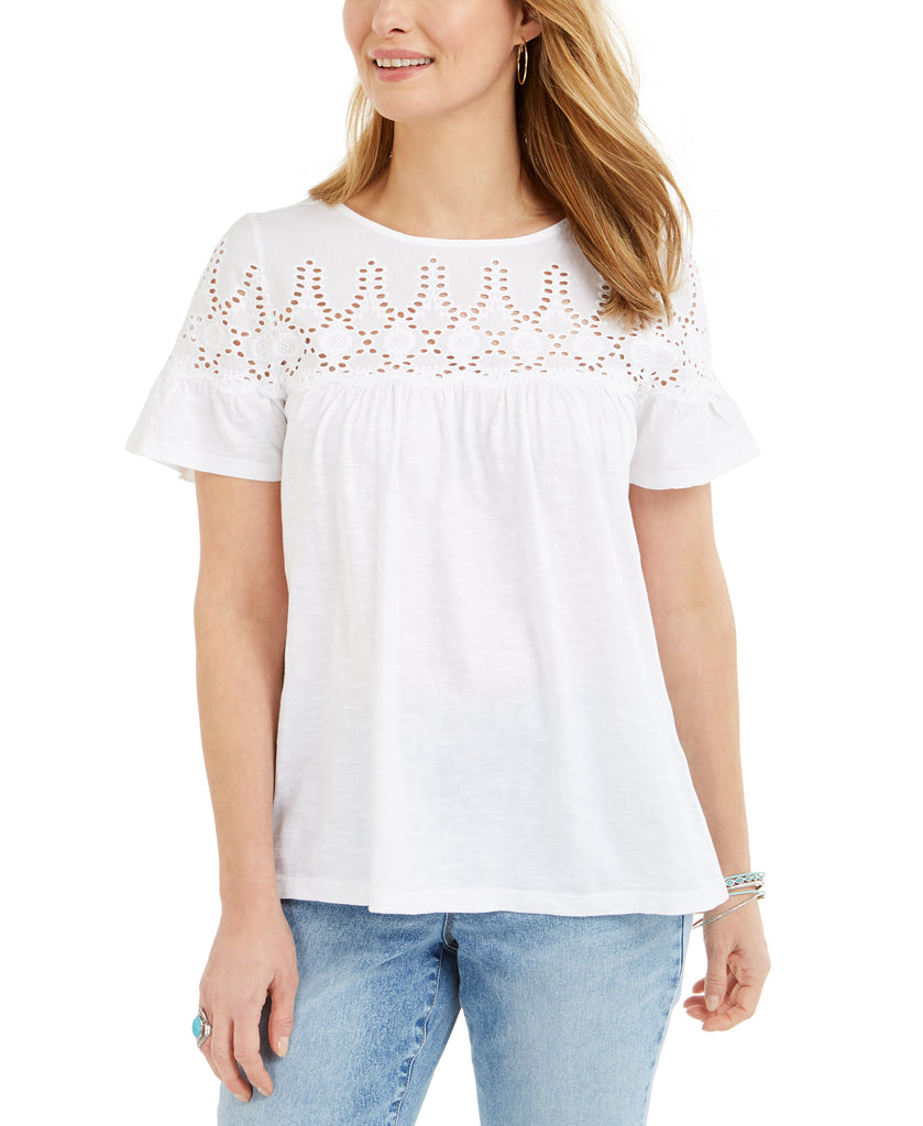 Style & Co Women Cotton Eyelet Yoke Top Bright White