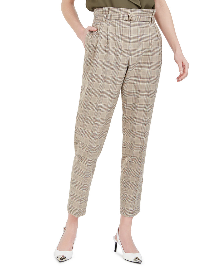 Calvin Klein Women Plaid Paperbag Waist Pants Khaki Multi