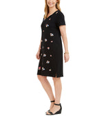 Karen Scott Womens Petite Split Neck Embroidered Dress