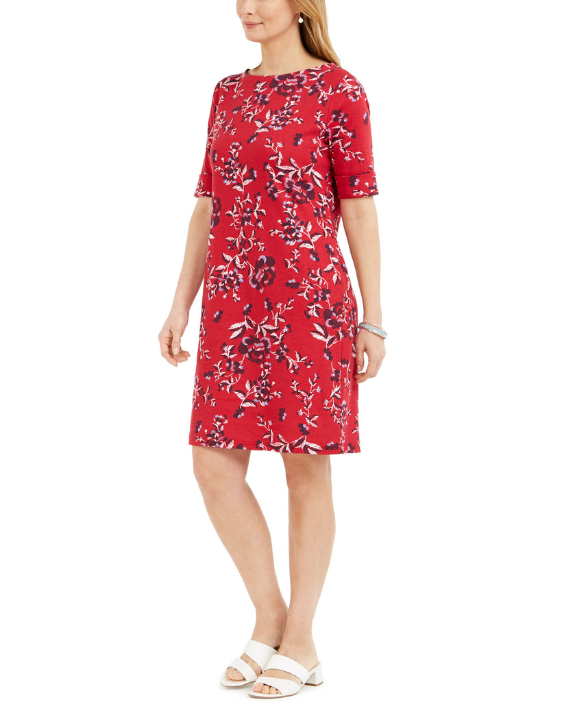 Karen Scott Womens Petite Printed Boat Neck Dress