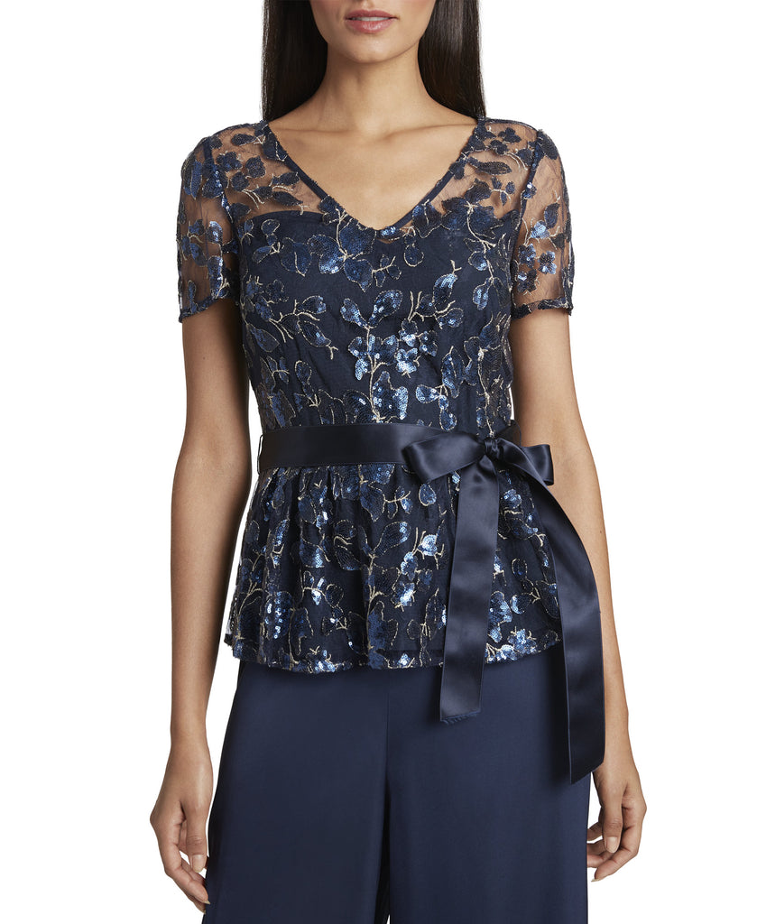 Tahari ASL Women Embroidered Sequin Top Navy Gold Floral