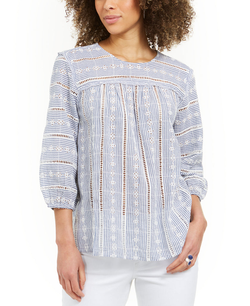 Style & Co Women Striped Eyelet 3 4 Sleeve Top Blue Daisy Ditz