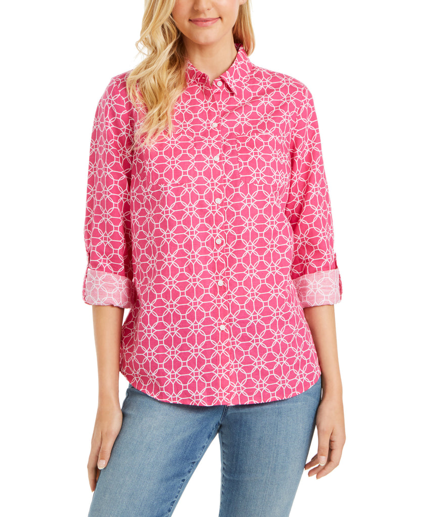 Charter Club Women Printed Tab Sleeve Shirt Preppy Pink Cmb