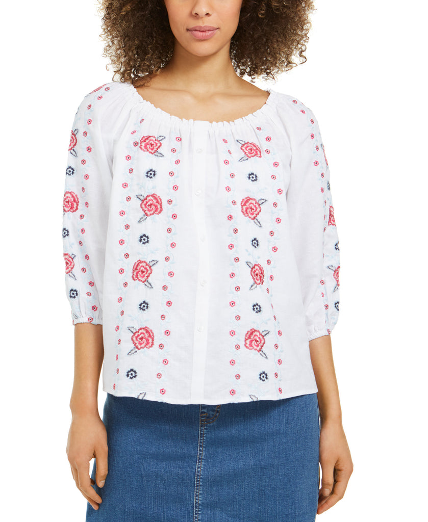 Charter Club Women Linen Embroidered Front Blouse Bright White