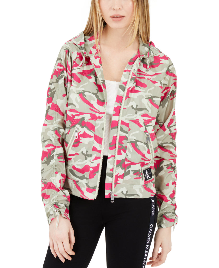 Calvin Klein Jeans Women Camo Print Rain Jacket Beetroot Camo