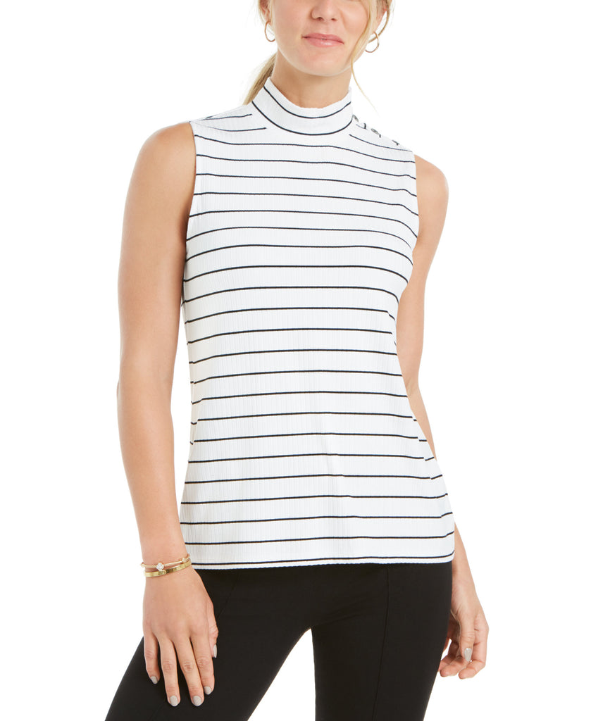 Charter Club Women Sleeveless Mock Neck Top Bright White Combo