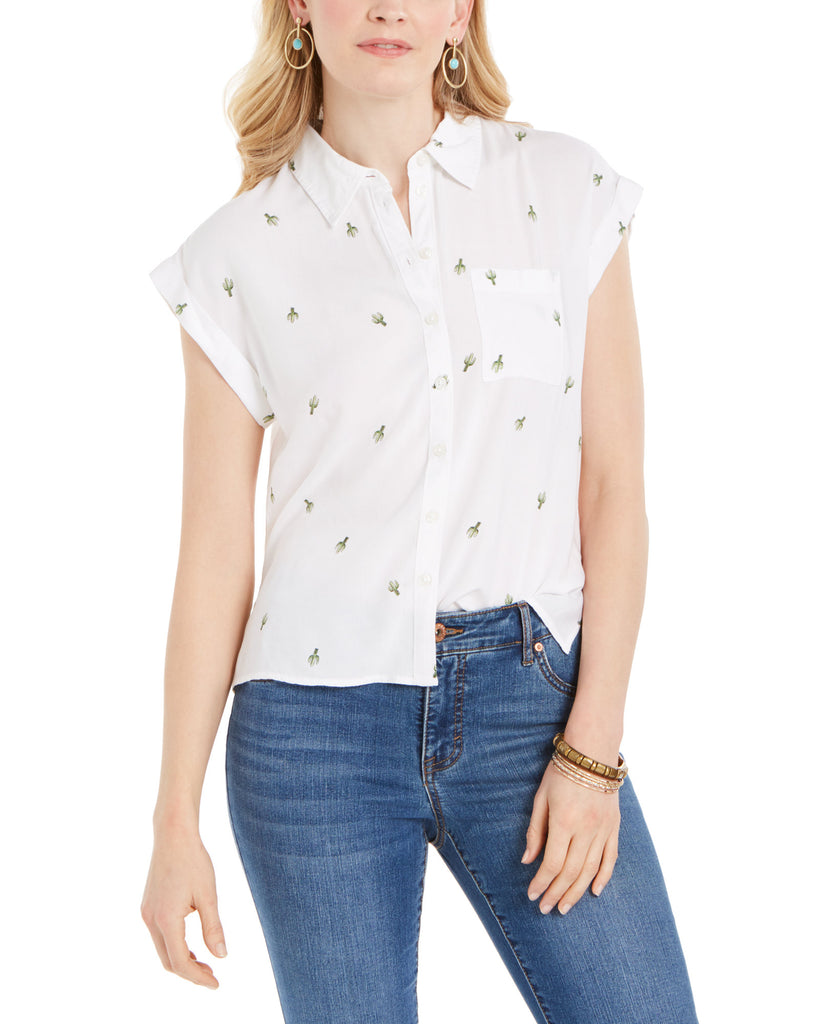 Style & Co Women Cactus Print Camp Shirt White Cactus Cascade