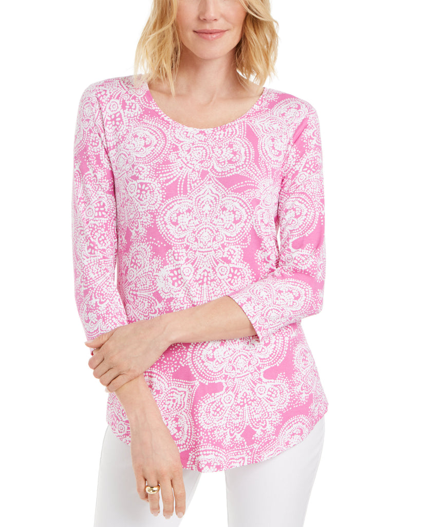 JM Collection Women Petite Printed Shirttail Hem Top Pink Dahlia Paisley