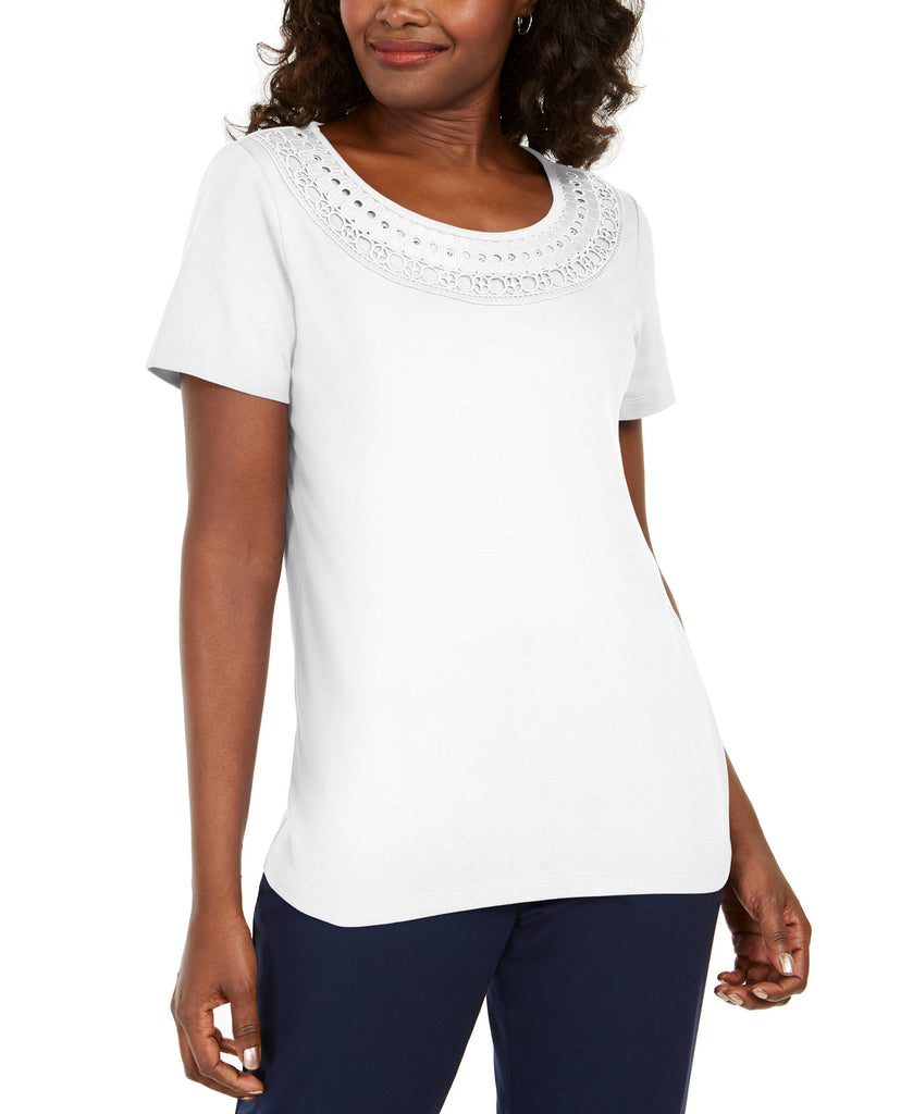 Karen Scott Women Cotton Crochet Trim T Shirt Bright White