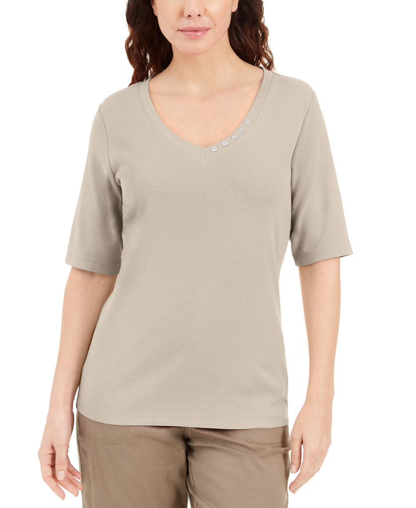 Karen-Scott-Women-Button-Detail-V-Neck-Top-Pebble