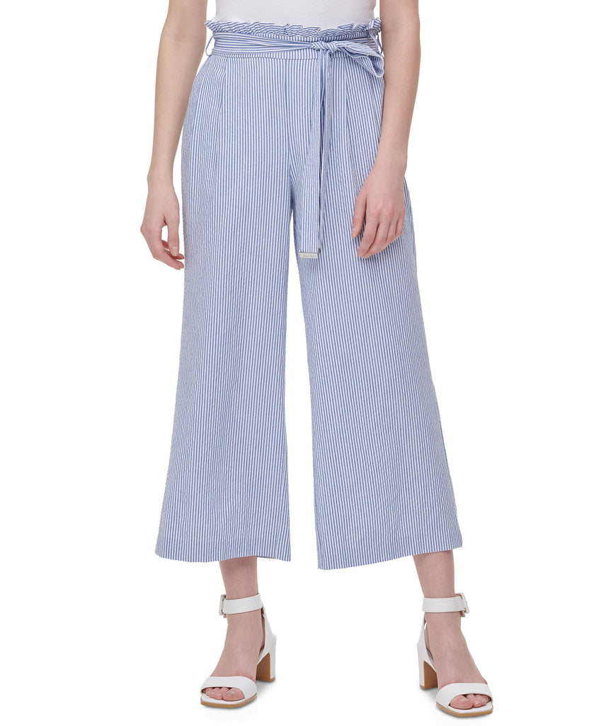 Calvin Klein Women Belted Wide Leg Pants Blue White Combo