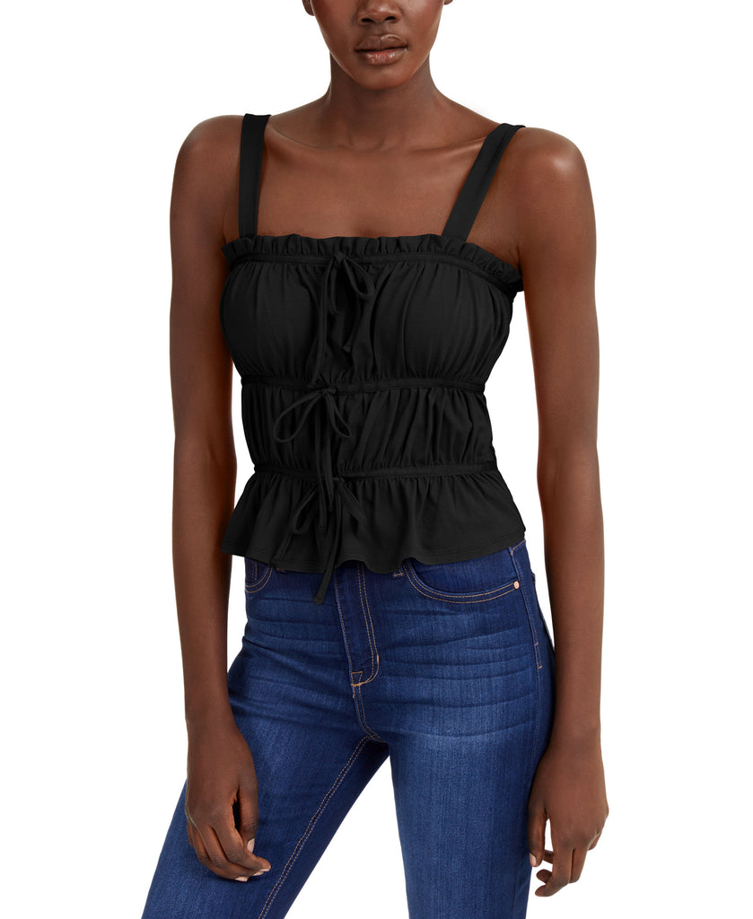 INC International Concepts Women Ruched Tie Tank Top Deep Black