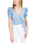 Bar III Women Chambray Puffed Sleeve Wrap Top Indigo