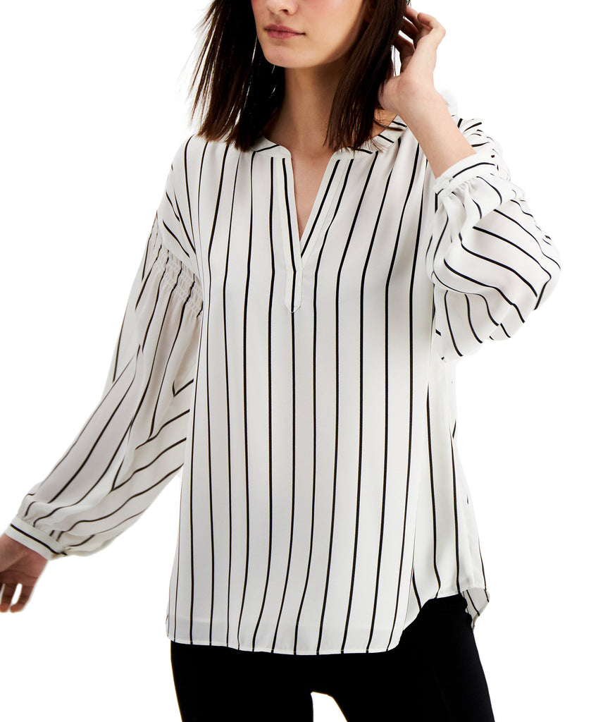 Alfani Women Striped Henley Top White Quarry Stripe