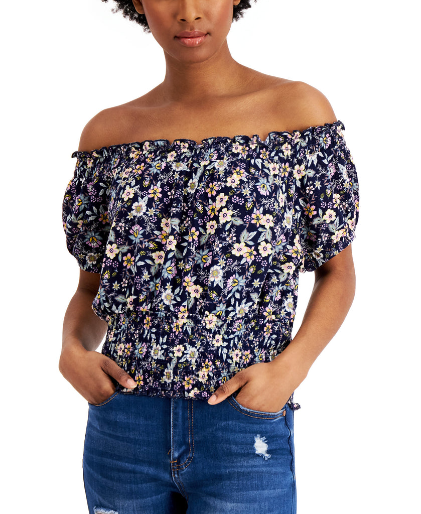 Self Esteem Women Floral Printed Smocked Off The Shoulder Top Eclipse