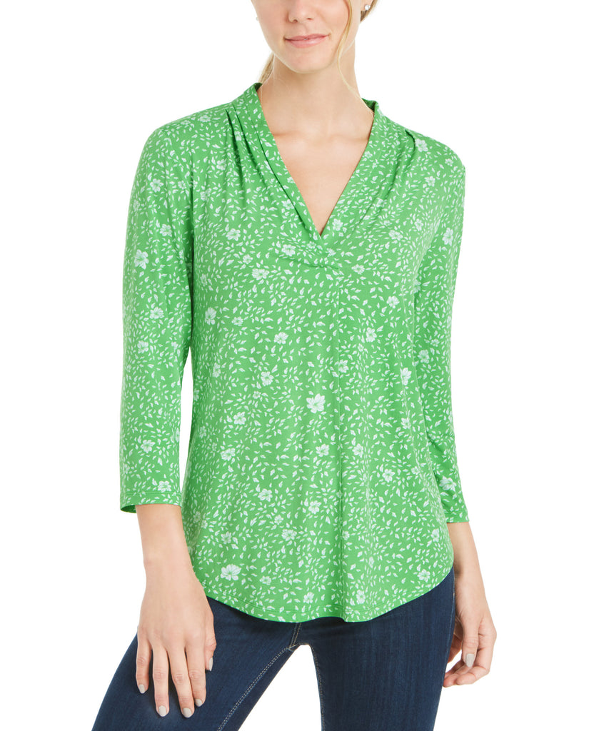 Charter Club Women Floral Print Pleated V Neck Top Grass Blade Combo