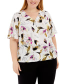 Alfani Women Plus Button Front Flutter Sleeve Top White Garden Vision