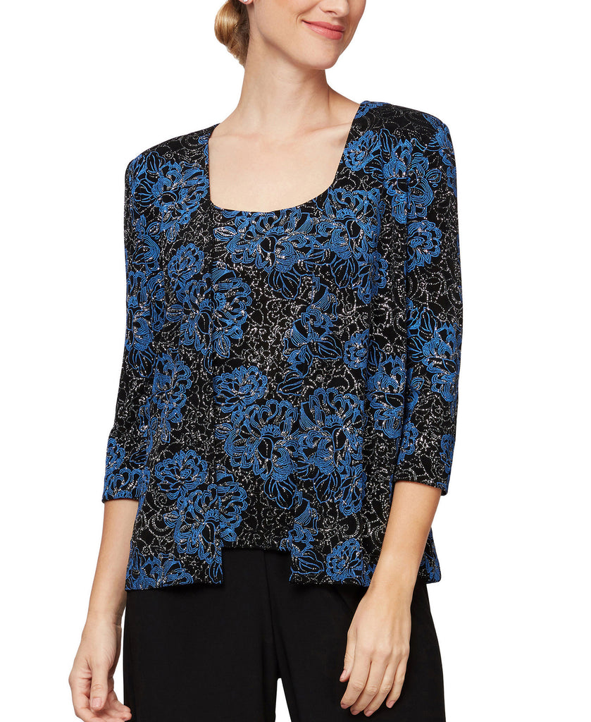 Alex Evenings Women Slinky Printed Jacket; Top Set Black Marina Blue