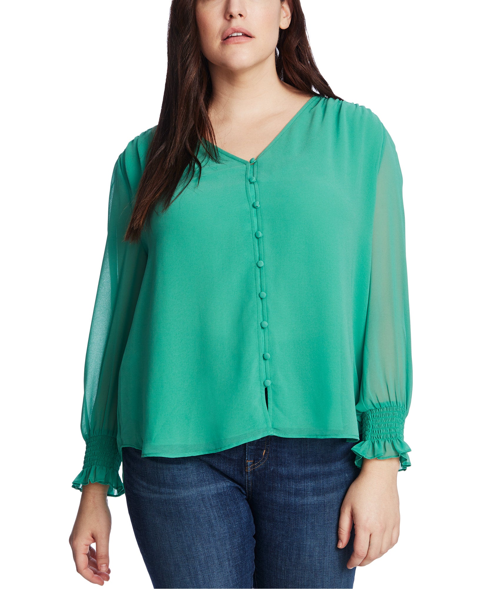 1.STATE Women Plus Trendy Sheer Long Sleeve Top Fresh Grass