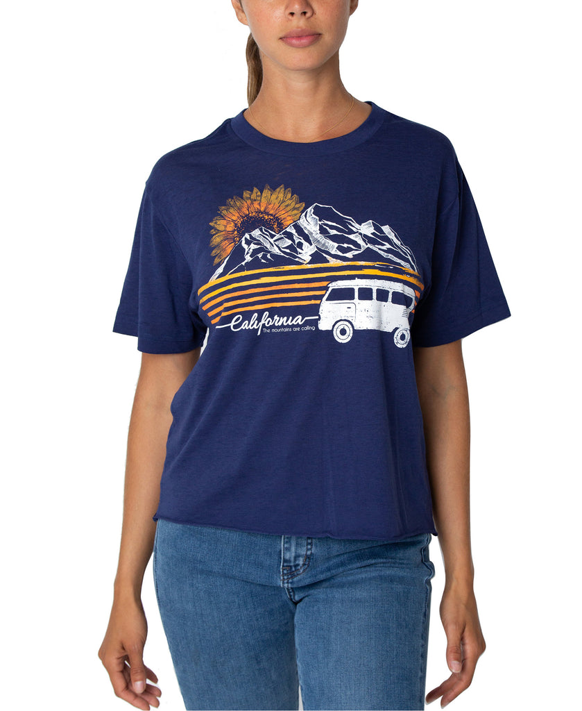 Rebellious One Women California Cropped Graphic T Shirt Navy