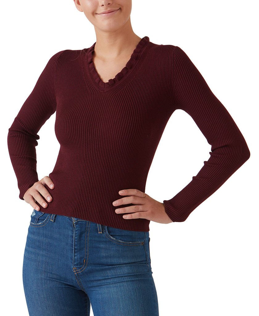 Hooked Up by IOT Women Ruffled V Neck Sweater