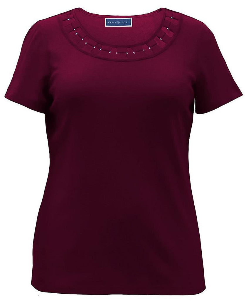 Karen Scott Women Cotton Ring Trim T Shirt Merlot