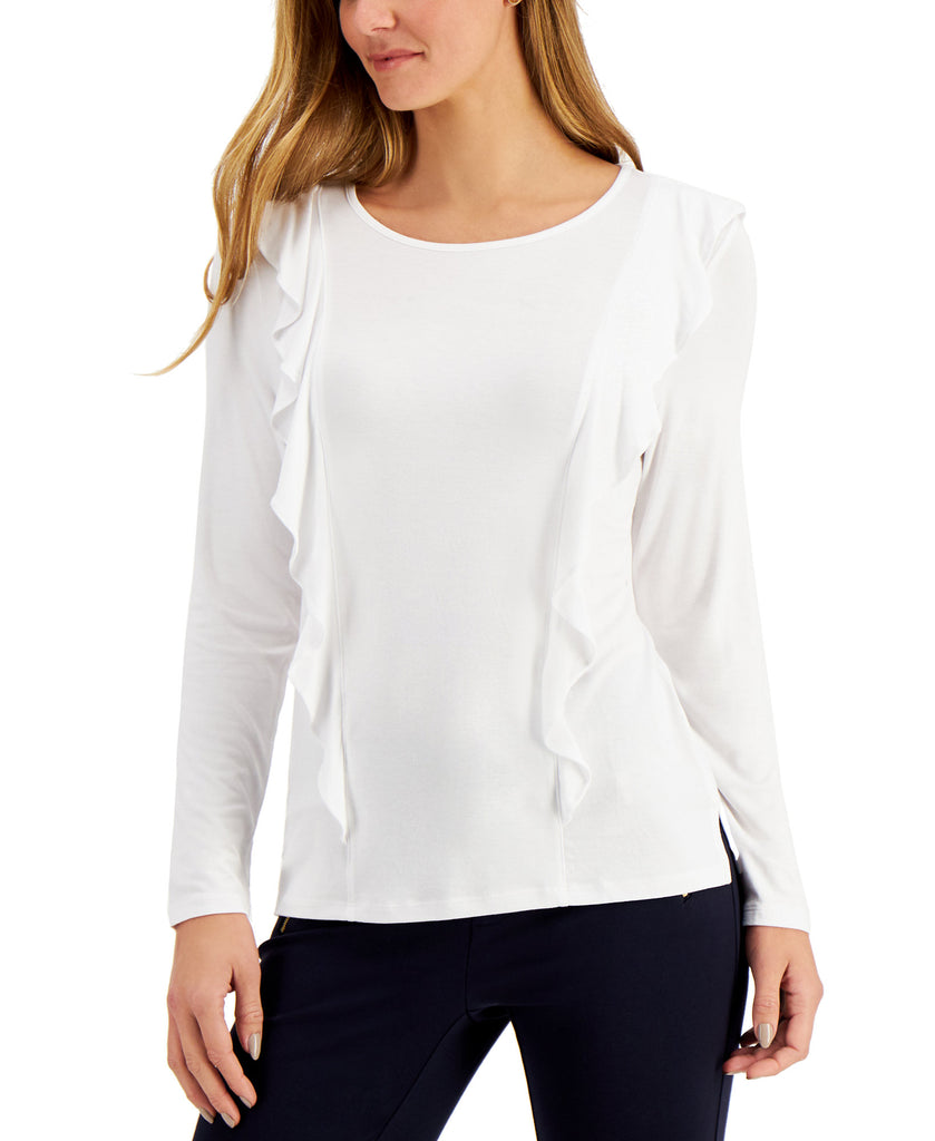 Charter Club Women Solid Ruffle Trimmed Top Bright White